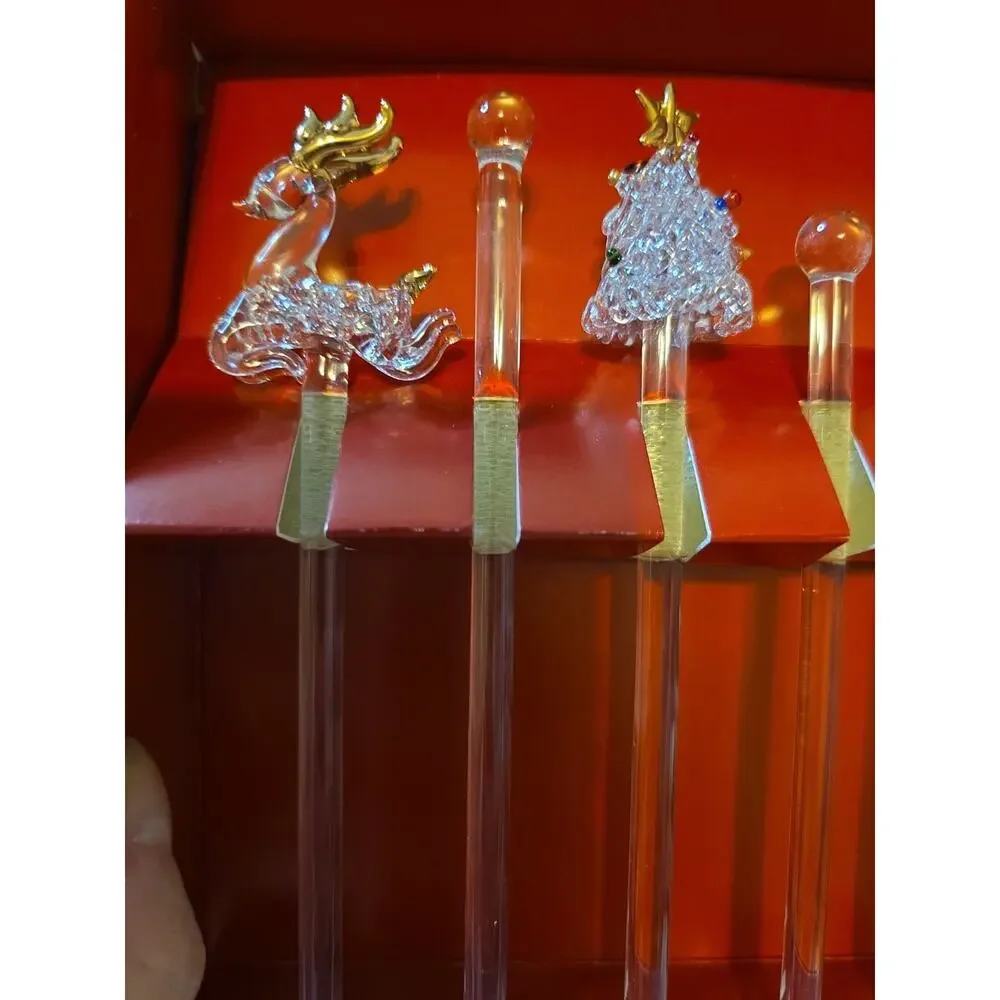 Boston Warehouse Glass Swizzle Stick Set Set Of 6 Christmas Tree Stocking...